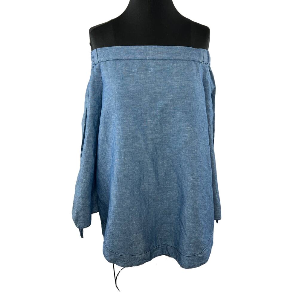 FREE PEOPLE Blue Chambray Long Sleeve Off The Shoulder Pullover Top Size S